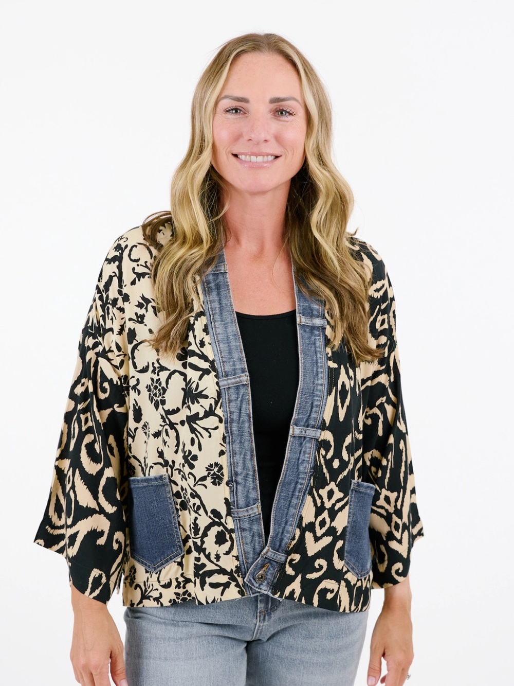 Shannon Passero Black and Beige Floral & Ikat Denim-Trim Kimono Jacket